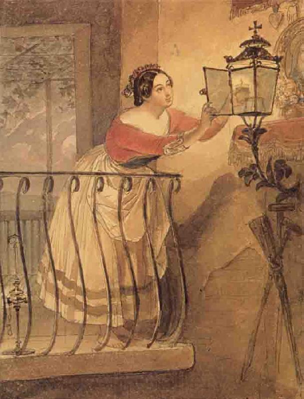 Karl Briullov An Italian Woman Lighting a lamp bfore the Image of the Madonna Germany oil painting art